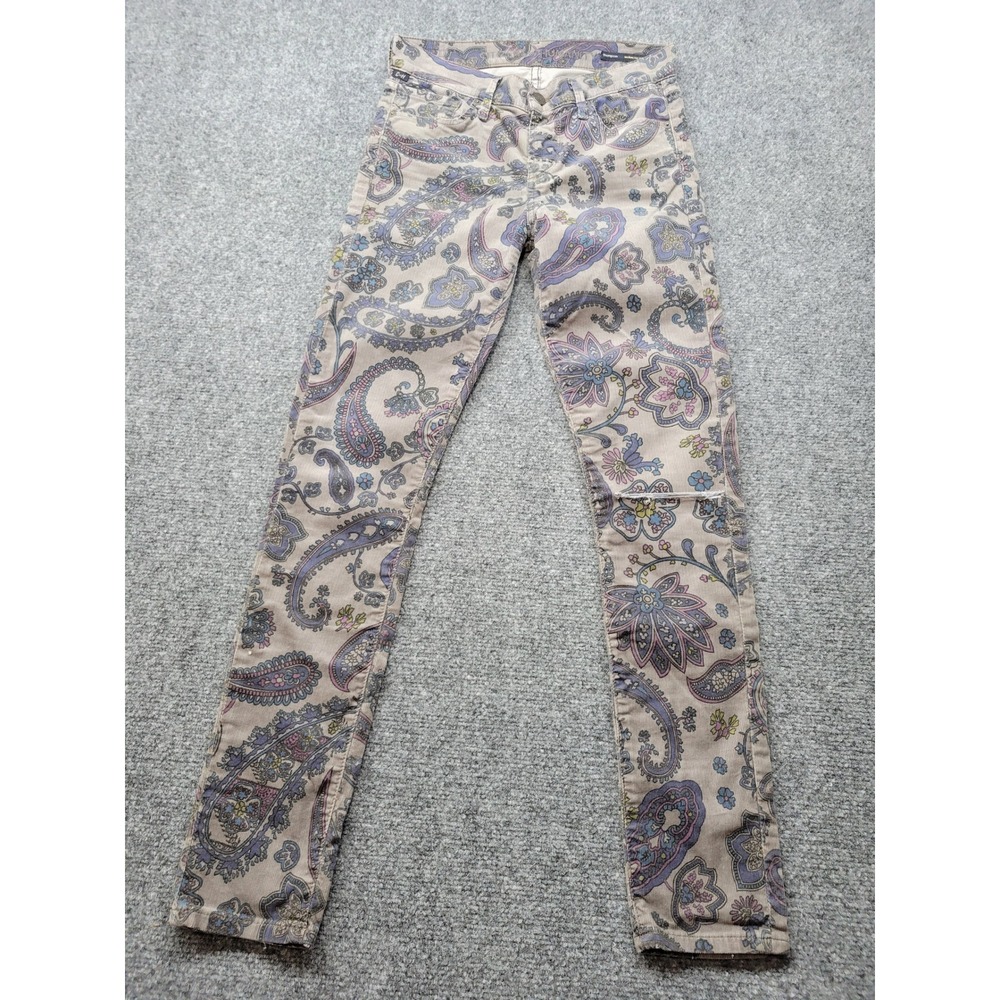 Citizens of Humanity Thompson Paisley Corduroy Skinny Pants 29 Tan Distressed
